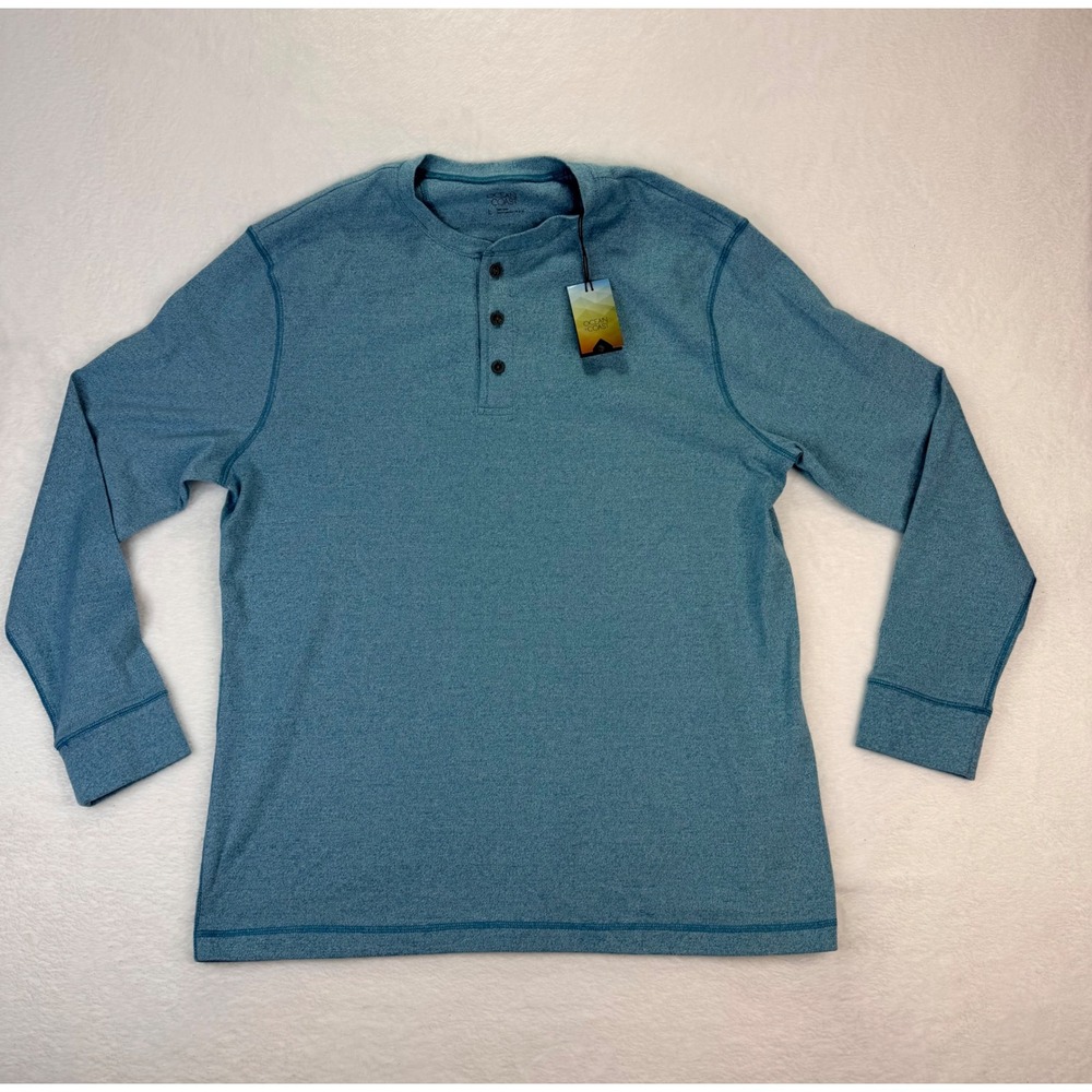 Ocean Coast Mens Long Sleeve Henley Shirt Teal Blue Heathered 100% Cotton Large